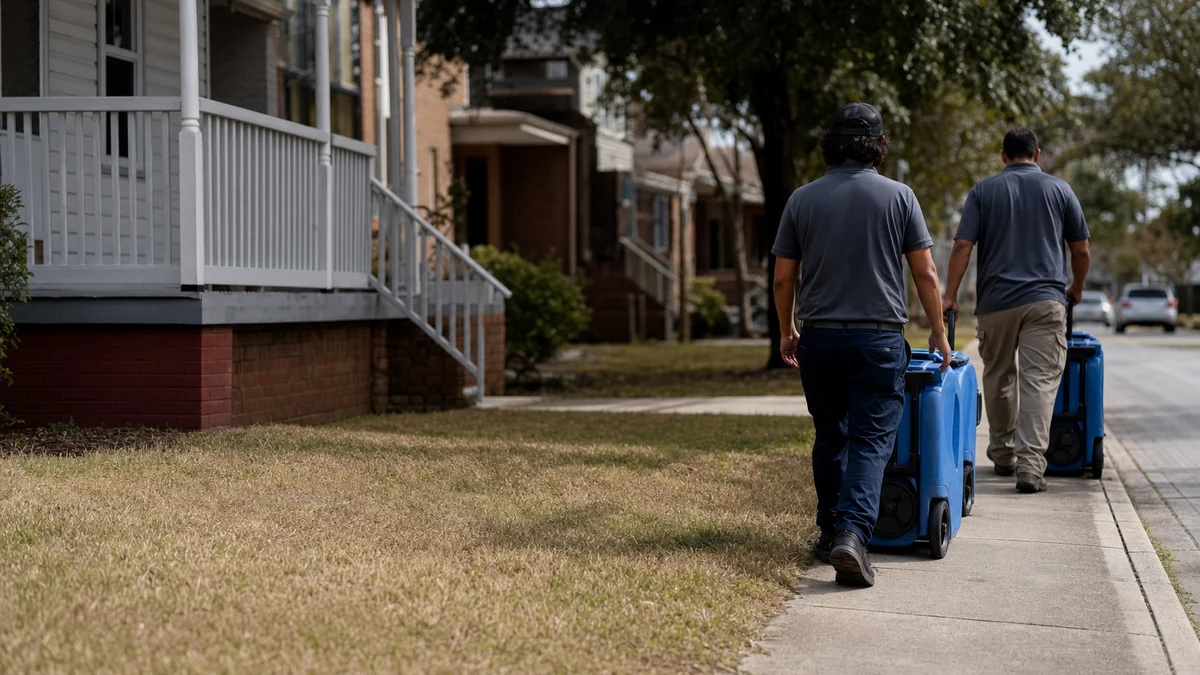 Restoration technicians wheeling air movers along a residential street of older homes
