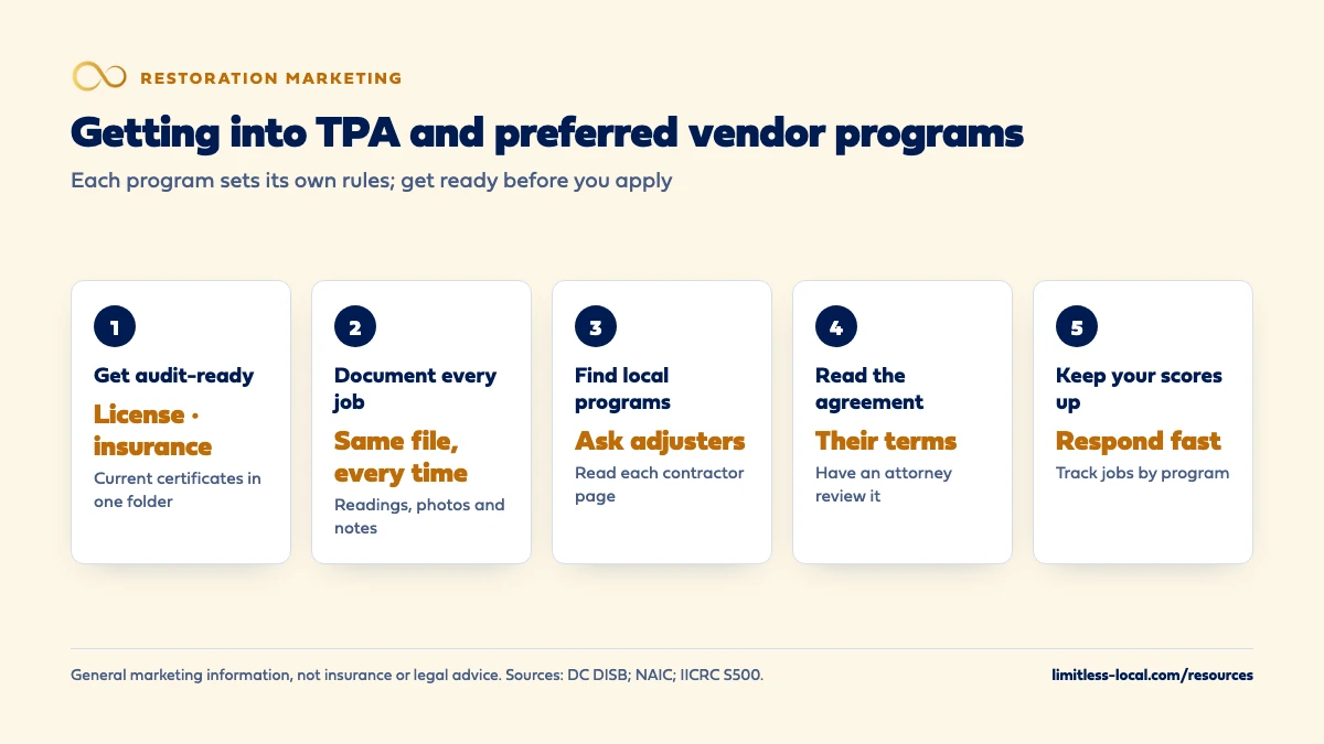 Five steps to getting into TPA and preferred vendor programs: get audit-ready with licenses and insurance, document every job the same way, find local programs by asking adjusters, read each agreement with an attorney, and keep response scores up while tracking jobs by program