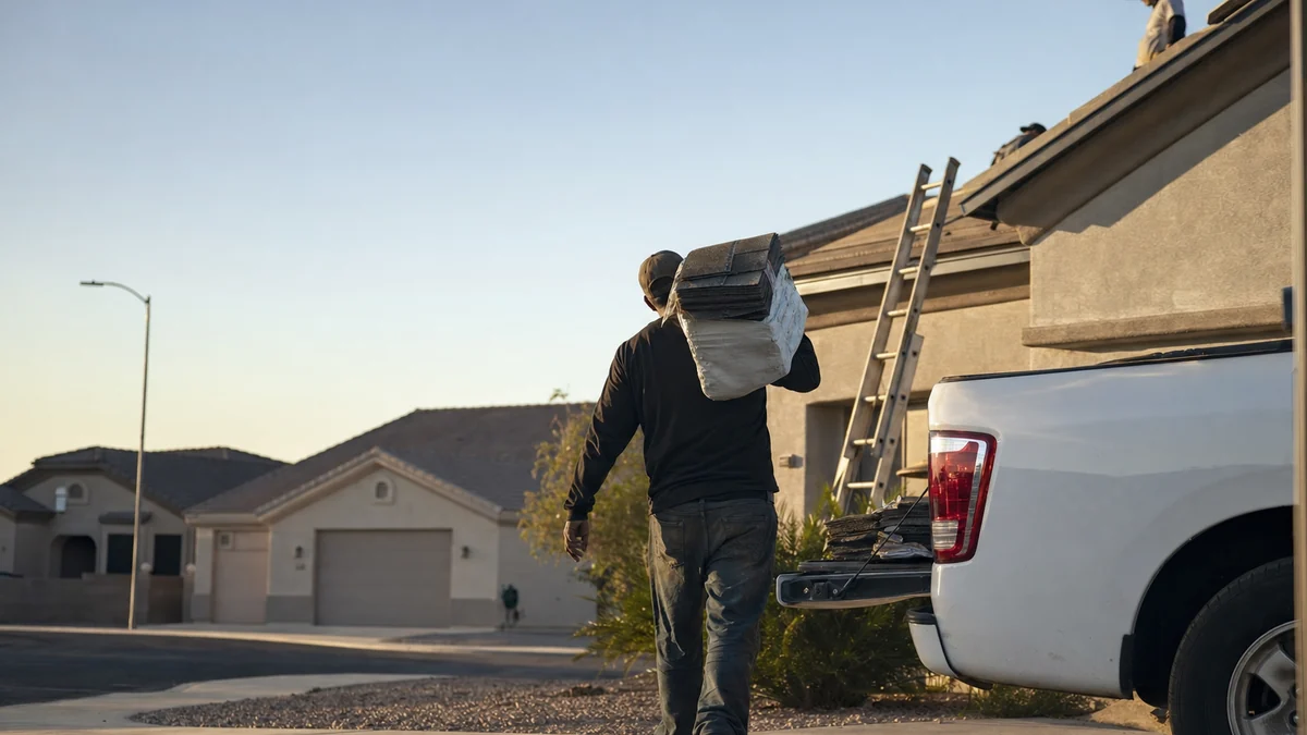Roofer carrying a bundle of shingles from the work truck to the ladder at a residential job