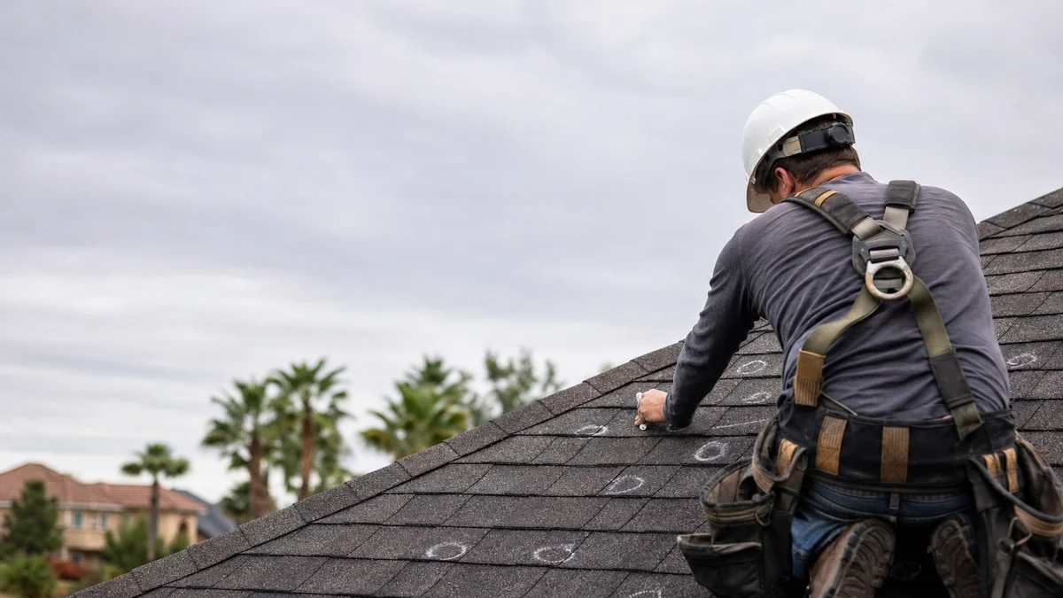 Roofer inspecting shingles for hail damage on a residential roof after a storm