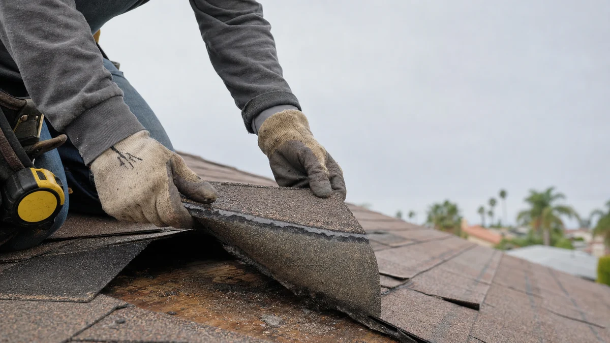 Roofer lifting a worn shingle to inspect the decking during a roof inspection