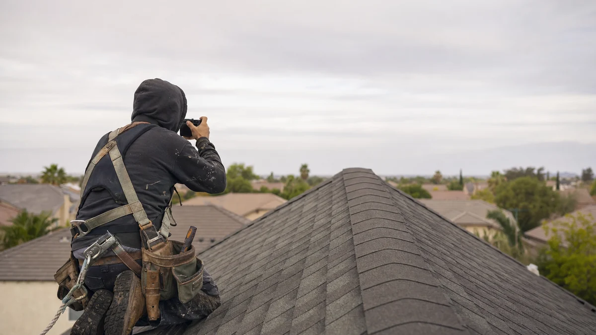 Roofer photographing a completed ridge line on a shingle roof
