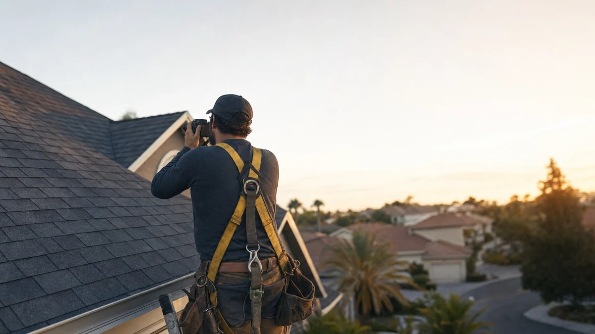 Roofer photographing a finished shingle roof on a suburban street for use in the company's ads