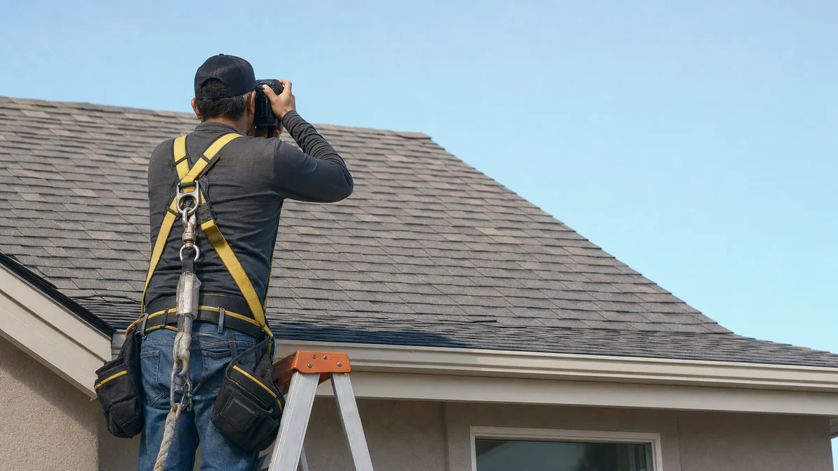 Roofer photographing a newly installed shingle roof from a ladder
