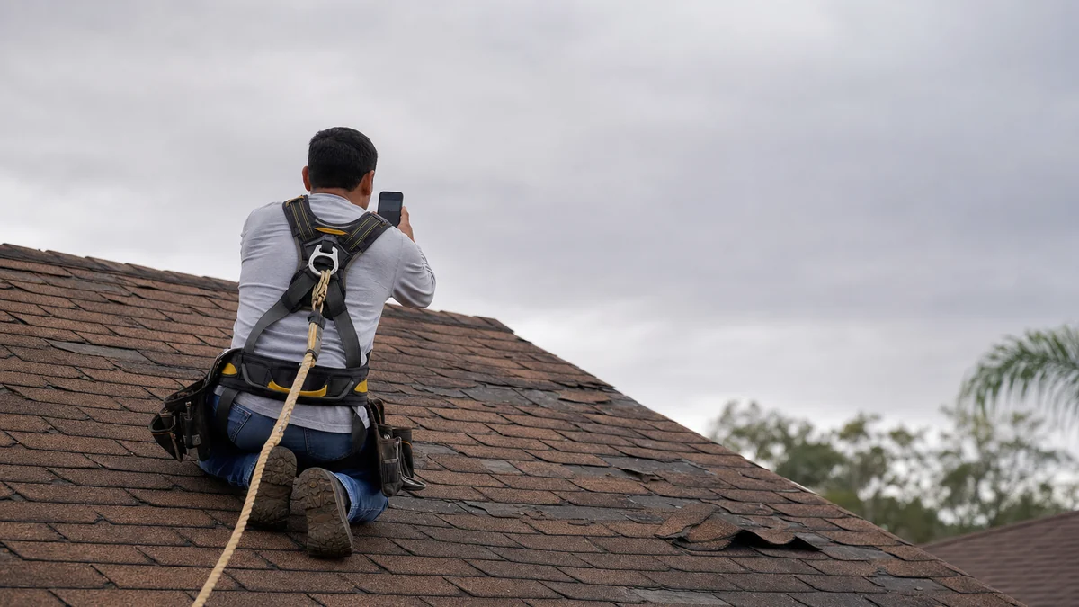 Roofer in a safety harness photographing worn shingles with a phone during an inspection