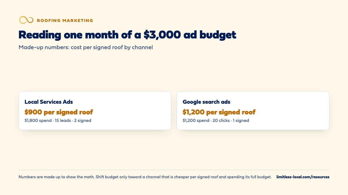 Comparison of a made-up month on a $3,000 roofing ad budget: Local Services Ads spent $1,800 on 15 leads and signed 2 roofs for $900 per signed roof, while Google search ads spent $1,200 on 20 clicks and signed 1 roof for $1,200 per signed roof