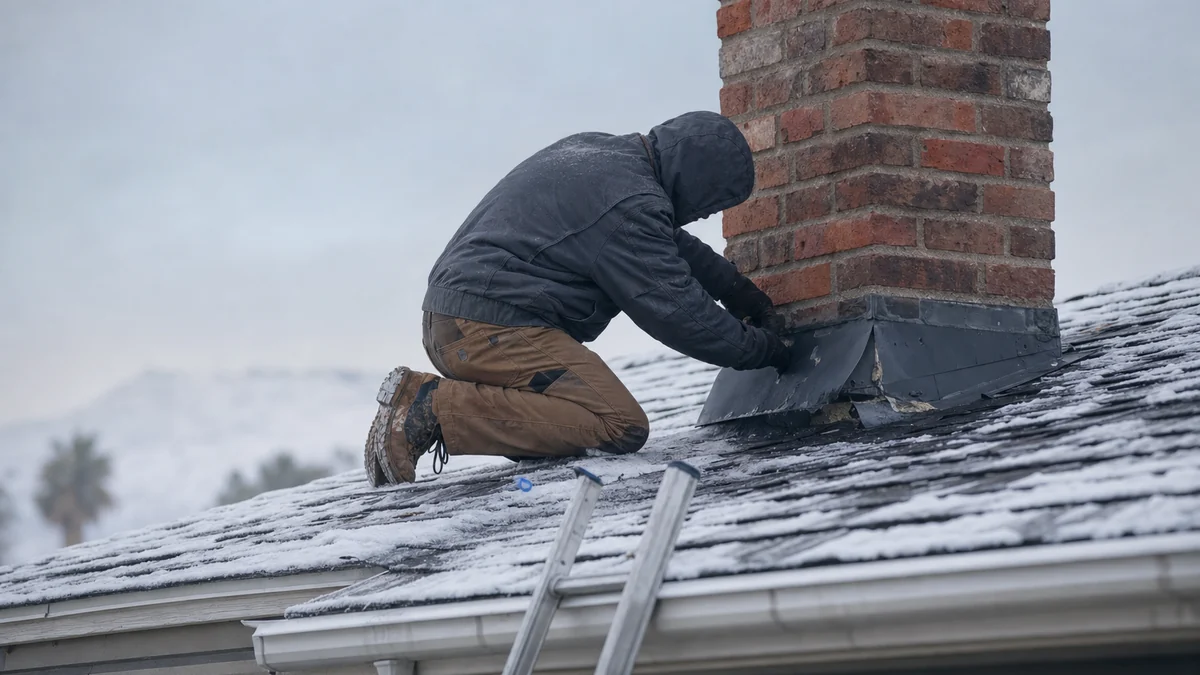 Roofer inspecting chimney flashing on a snow-dusted roof in winter