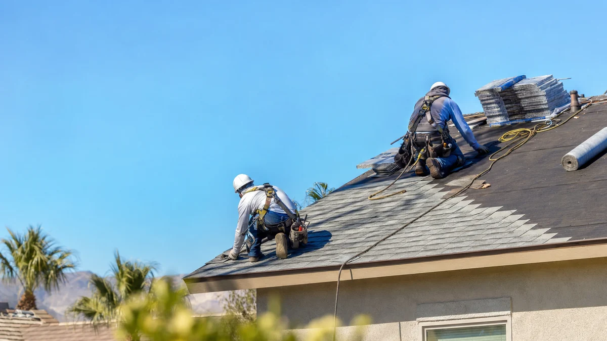 Two roofers in safety harnesses laying new shingles on a residential roof replacement