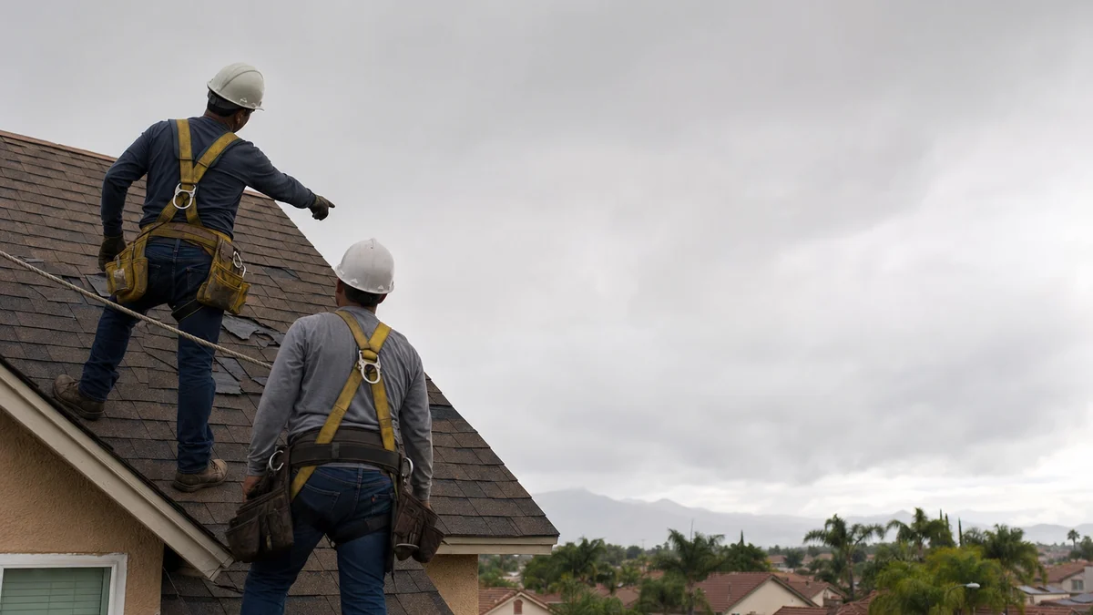 Two roofers inspecting lifted shingles on a suburban roof after a storm