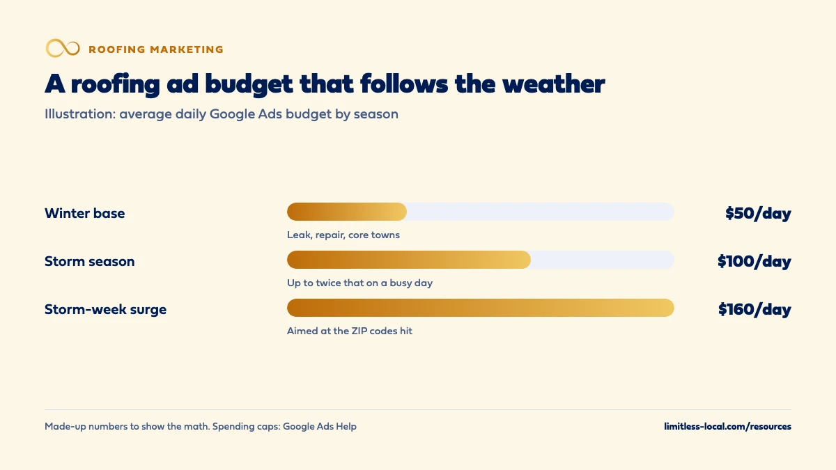 Bar chart illustration with made-up numbers of a roofing Google Ads budget by season: a winter base of $50 a day for leak and repair calls, a storm-season level of $100 a day, and a storm-week surge of $160 a day aimed at the ZIP codes that were hit