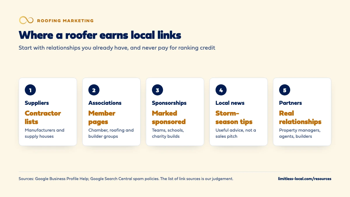 Five places a roofer earns local links: supplier and manufacturer contractor lists, association member pages, sponsorships marked as sponsored, local news coverage with storm-season tips, and partners such as property managers, agents and builders