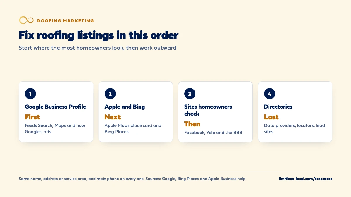 The order to fix roofing company listings: Google Business Profile first, then Apple Maps and Bing Places, then Facebook, Yelp and the BBB, then directories and data providers, using the same name, address and phone on each