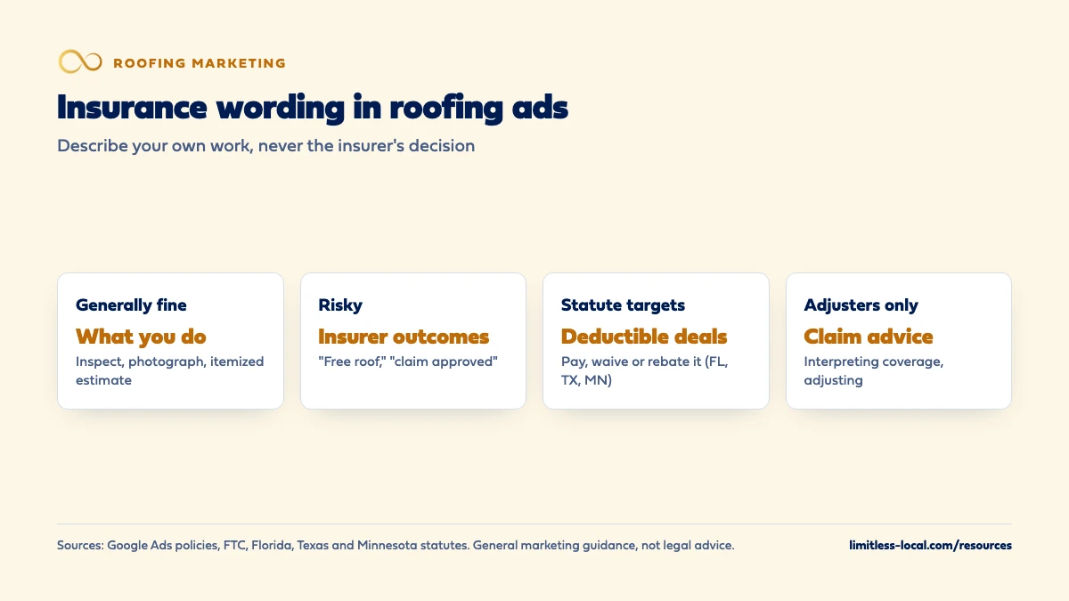 Insurance wording in roofing ads: describing what you do (inspect, photograph, itemized estimate) is generally fine; promising insurer outcomes like a free roof is risky; deductible deals are targeted by Florida, Texas and Minnesota statutes; claim advice is for licensed adjusters