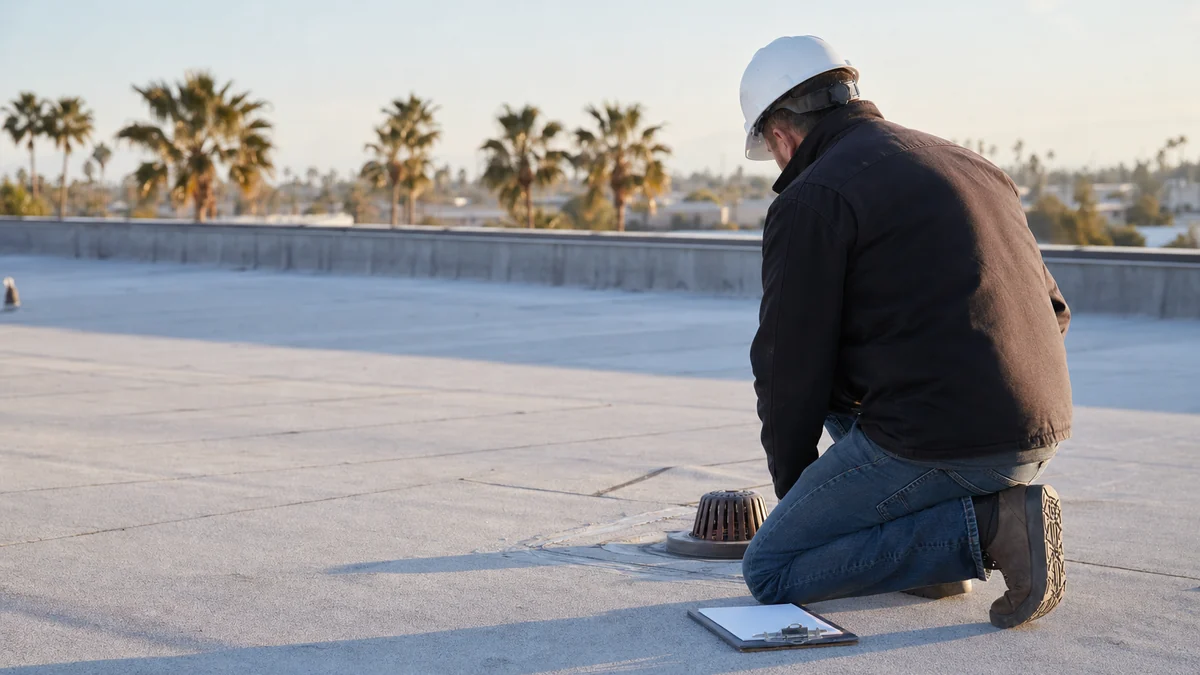 Roofing contractor inspecting the flashing around a drain on a flat commercial roof