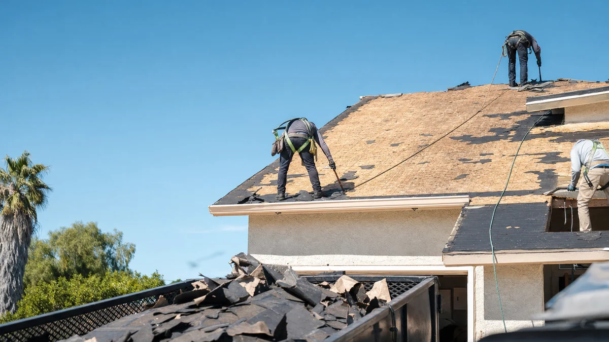 Roofing crew tearing off old shingles down to the decking during a full roof replacement