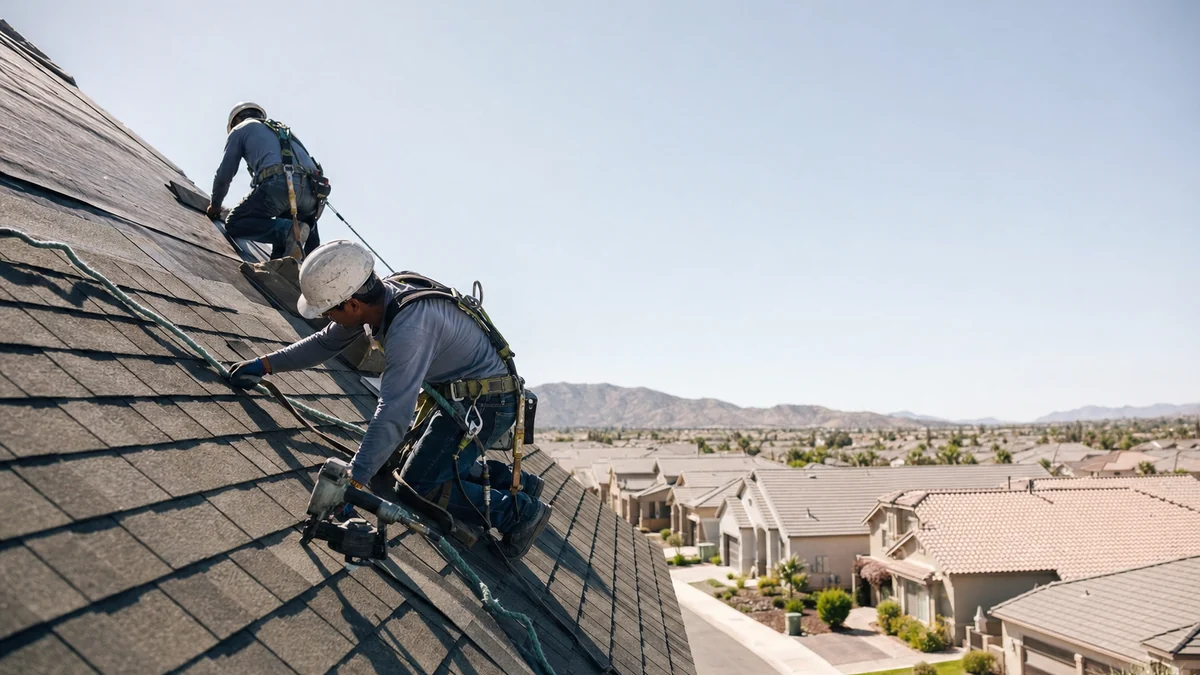 Roofing crew installing shingles on a house in a residential neighborhood they serve