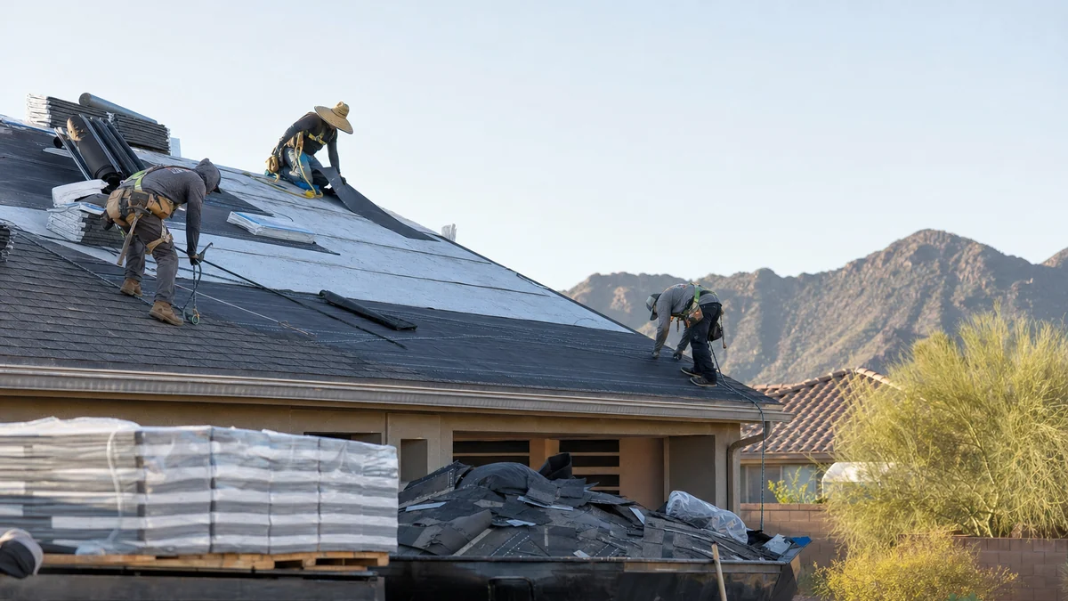 Roofing crew installing underlayment and starter shingles during a full re-roof