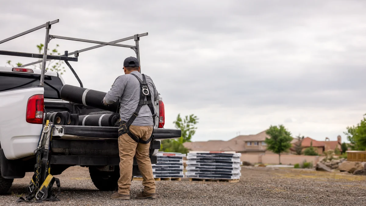 Roofing crew lead loading materials into a truck at a branch yard before heading to a job
