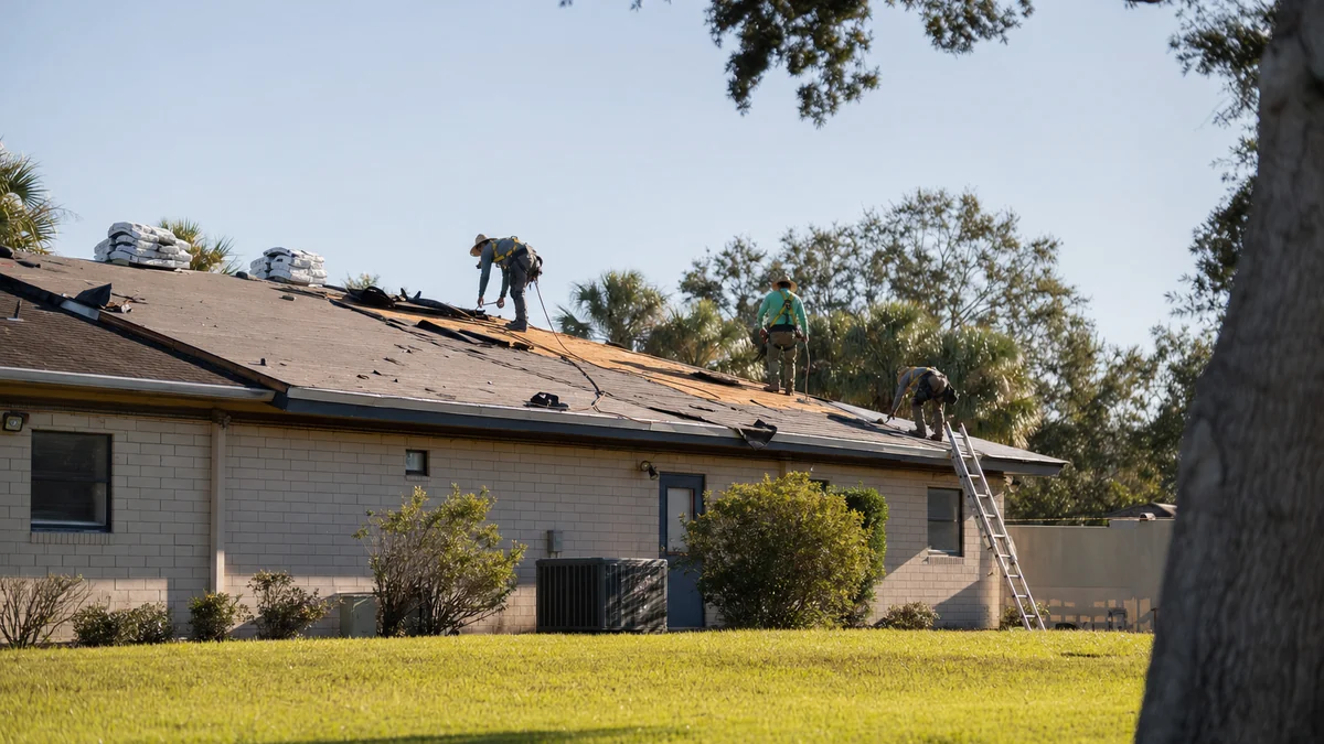 Roofing crew replacing the roof on a small community building