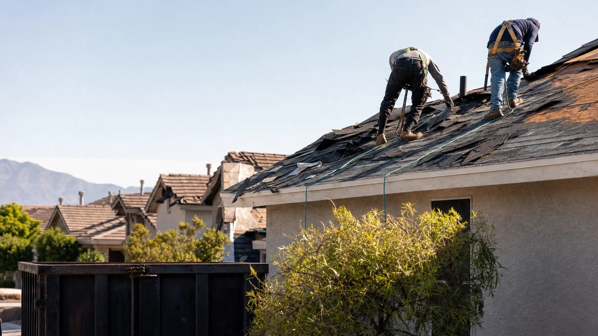Roofing crew tearing off old shingles on a house in a neighborhood of similar-age roofs