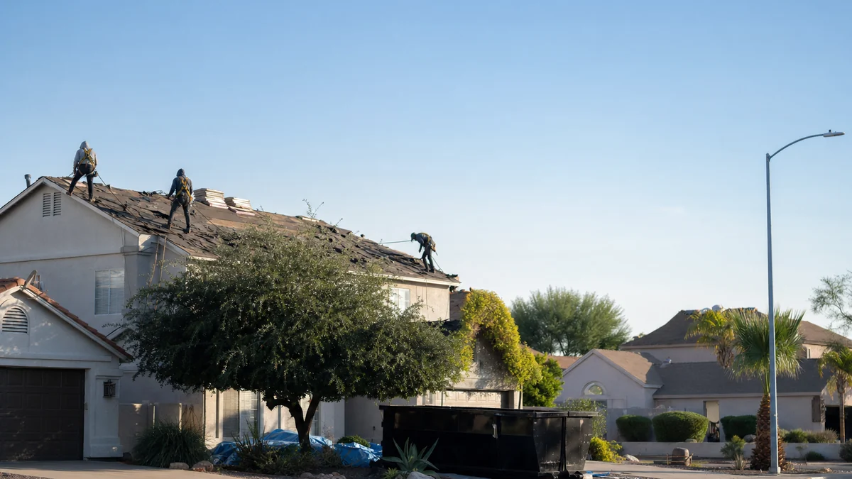Roofing crew tearing off old shingles during a full roof replacement