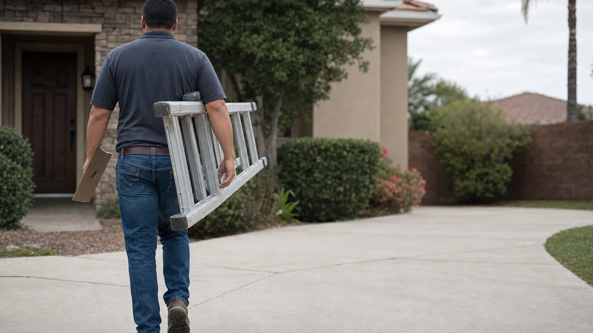 Roofing estimator arriving at a home for an inspection with a clipboard and ladder