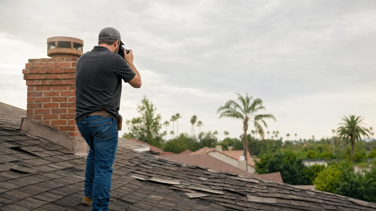 Roofing estimator photographing worn shingles during a residential roof inspection
