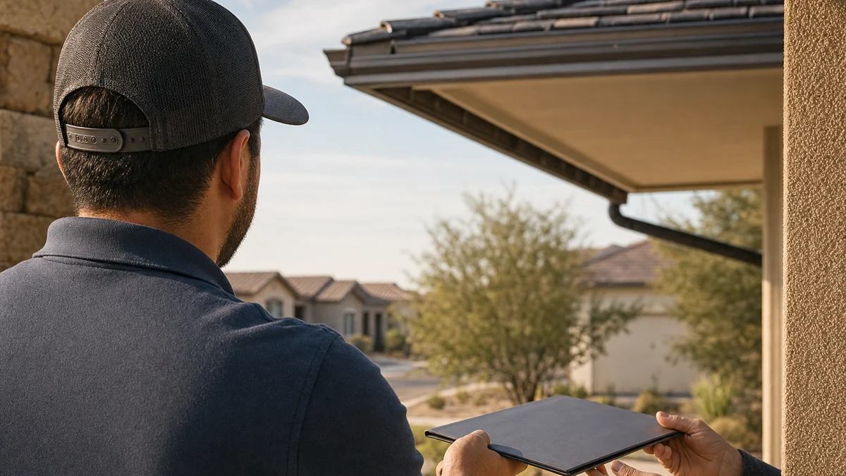 Roofing project manager handing closing paperwork to a homeowner on the porch