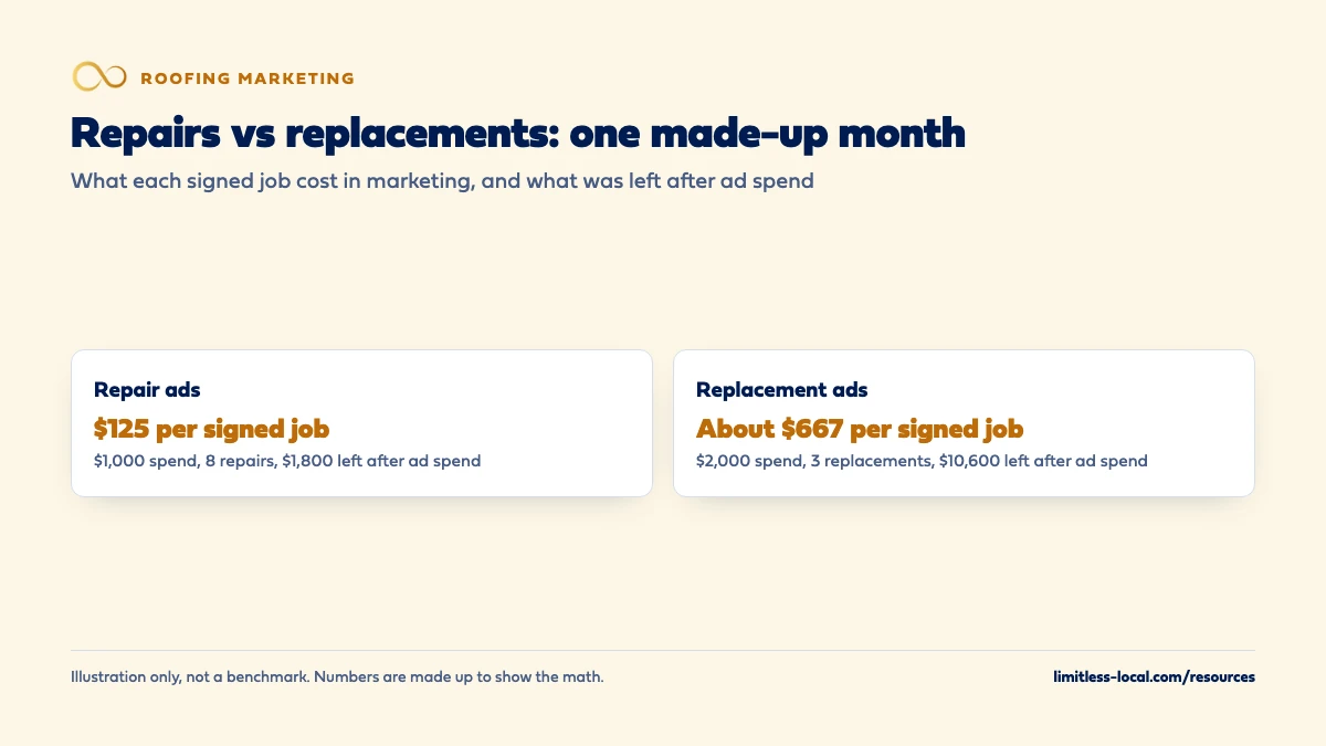 Comparison of a made-up month of roofing ads: repair ads cost $125 per signed job, with $1,000 spend, 8 repairs and $1,800 left after ad spend; replacement ads cost about $667 per signed job, with $2,000 spend, 3 replacements and $10,600 left after ad spend