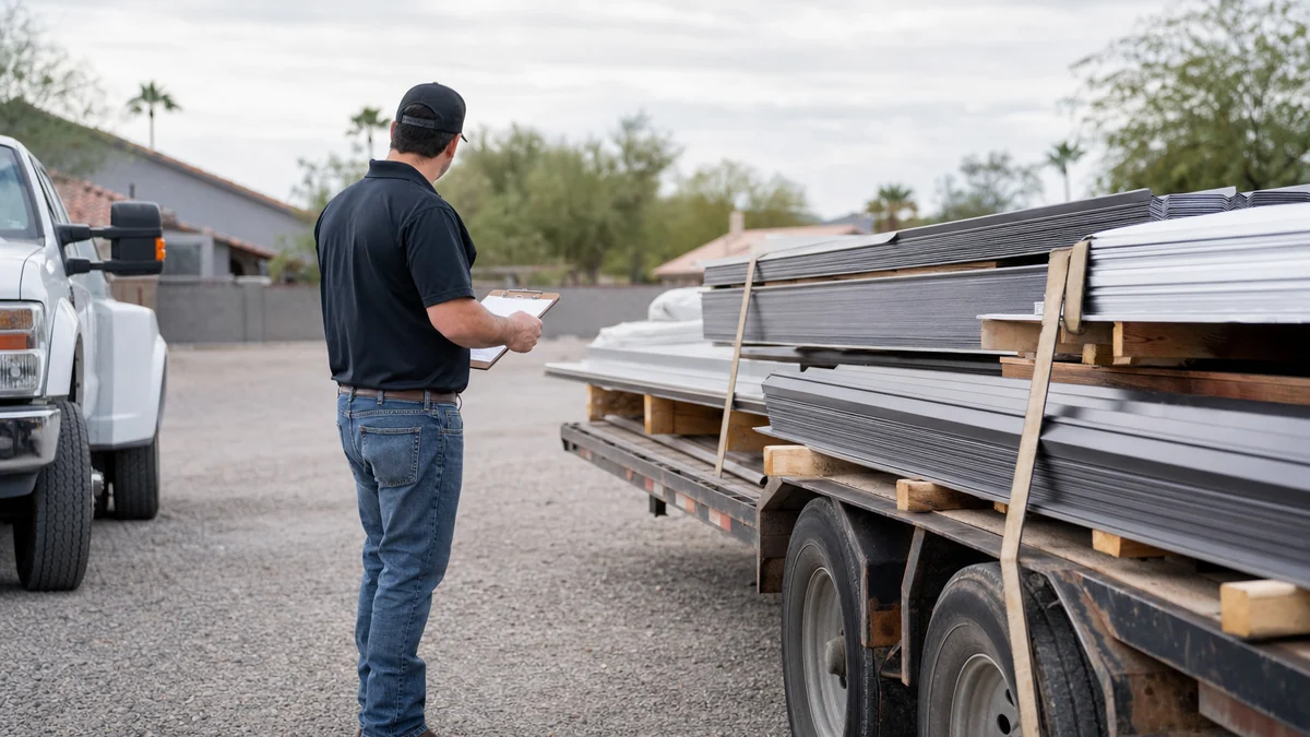 Roofing company owner checking a delivery of metal roofing panels in the yard