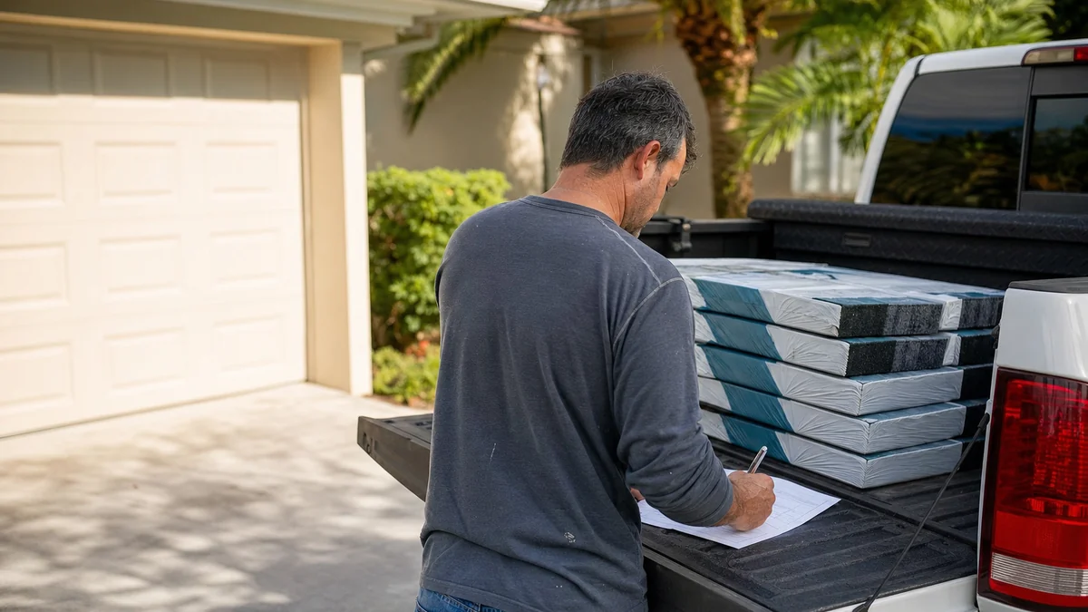 Roofing company owner crossing items off a printed list at his truck tailgate