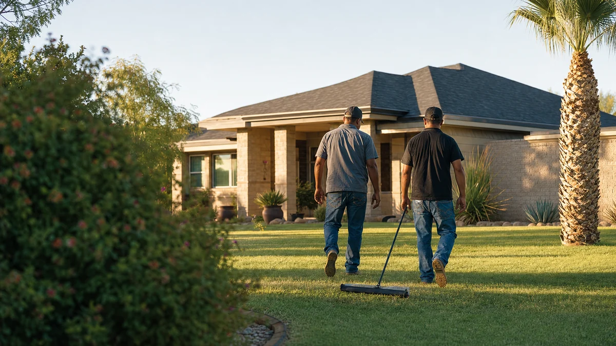 Roofing owner and crew lead doing a final walkthrough of a clean yard after a finished roof replacement