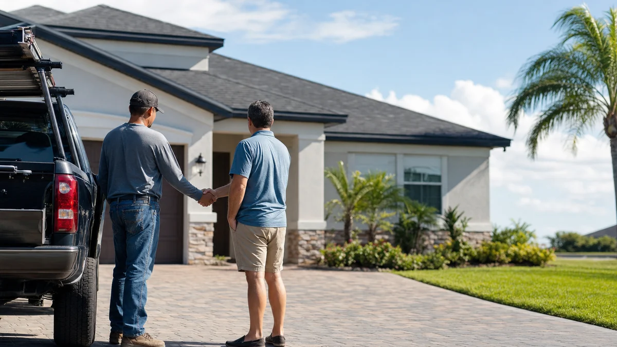 Roofing company owner shaking hands with a homeowner after a finished roof replacement