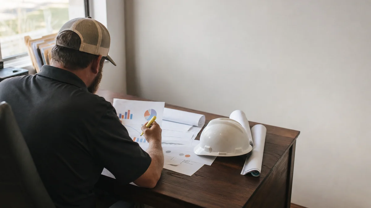Roofing company owner marking up printed ad reports at an office desk