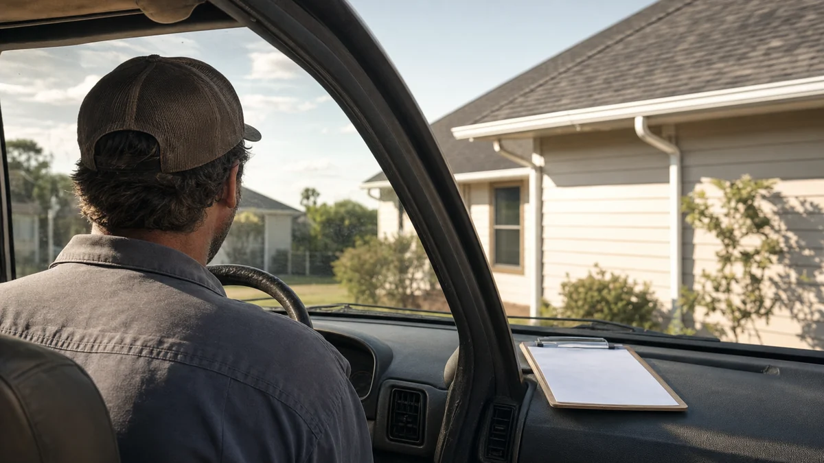 Roofing company owner reviewing notes in a work truck outside a home with a new roof