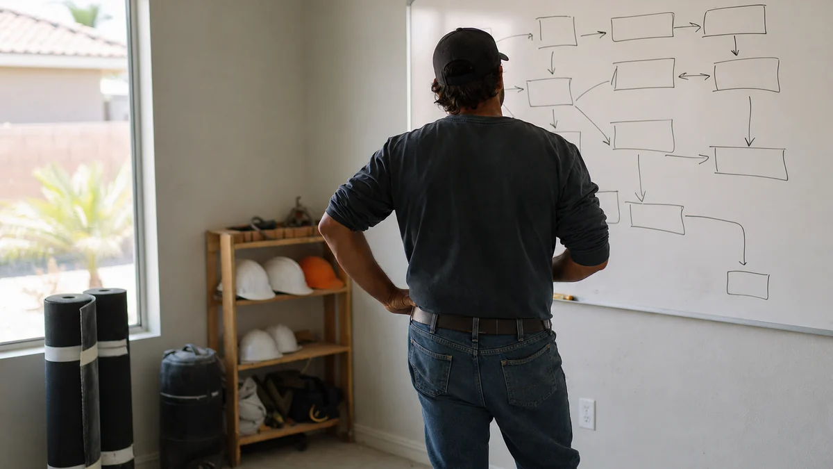 Roofing company owner planning the month at a whiteboard in a small shop office