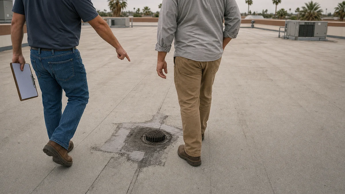 Roofing owner walking a flat commercial roof with a property manager to inspect a seam