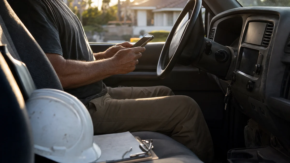 Roofing company owner in his truck returning a missed call between inspections