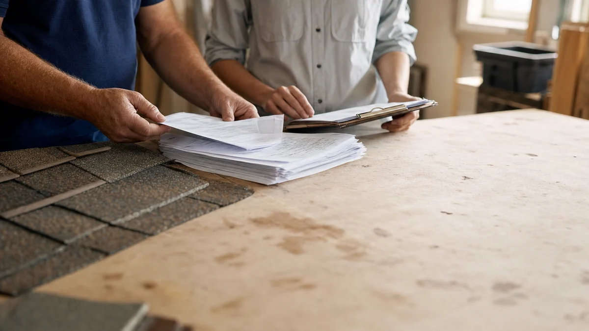 Roofing company owner and office manager reviewing printed estimates at a workshop table