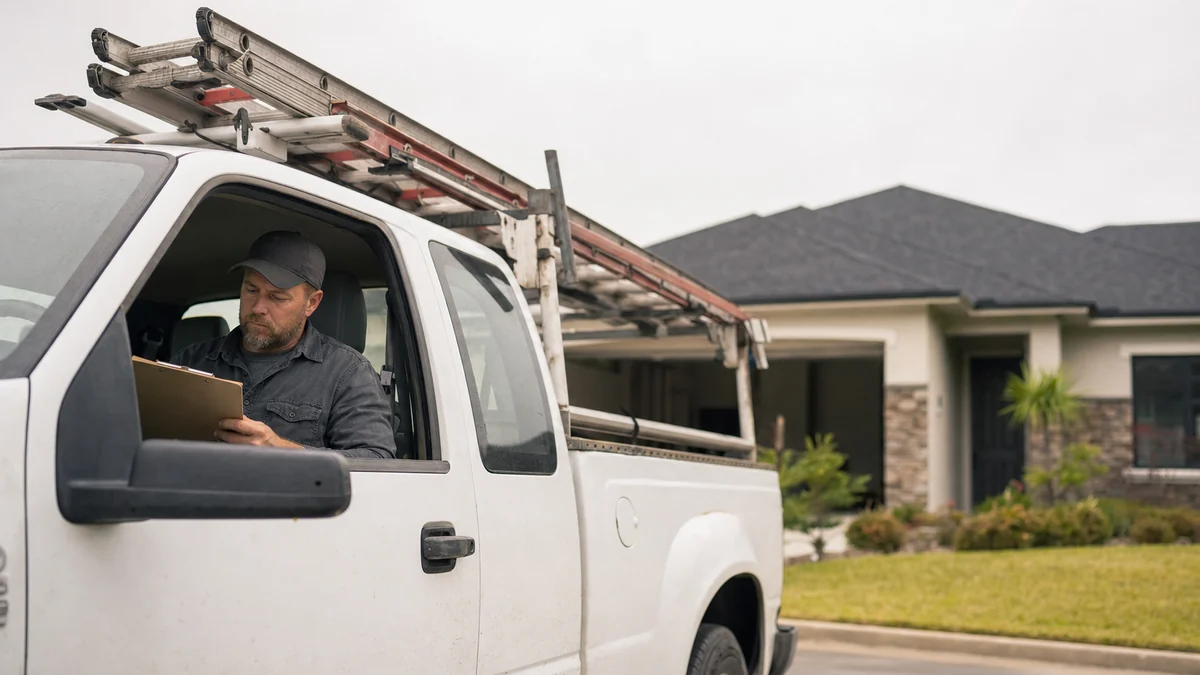 Roofing company owner reviewing inspection notes in his truck outside a finished roof job