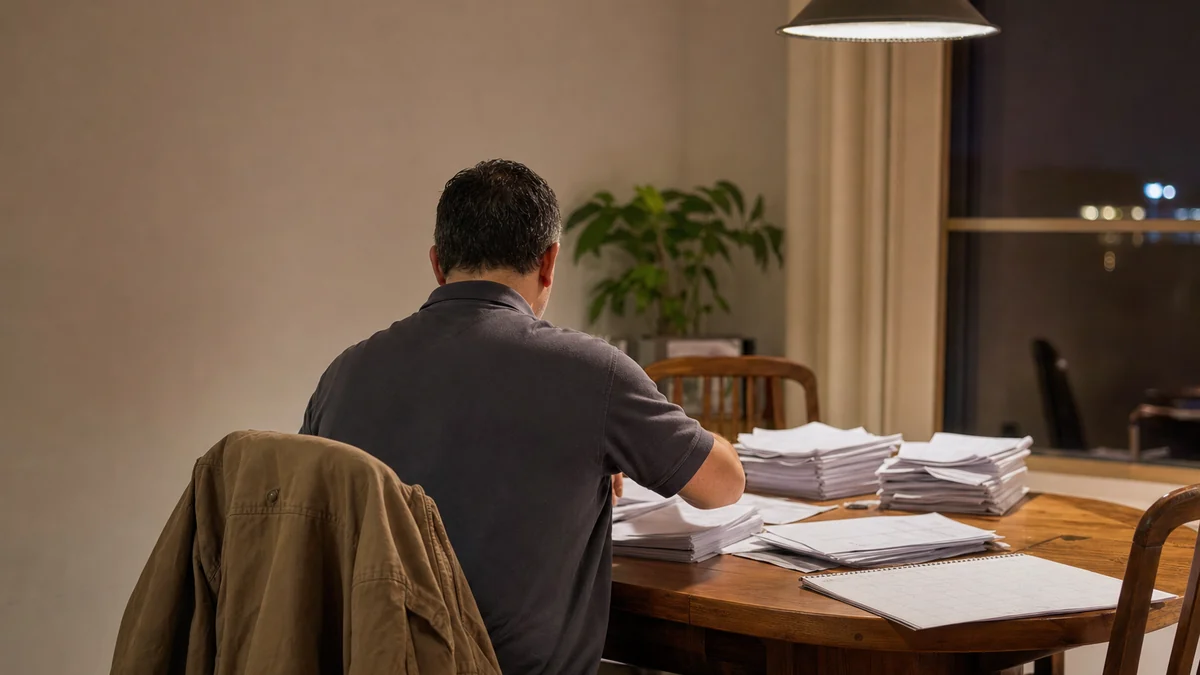 Roofing company owner sorting printed estimates beside a paper calendar
