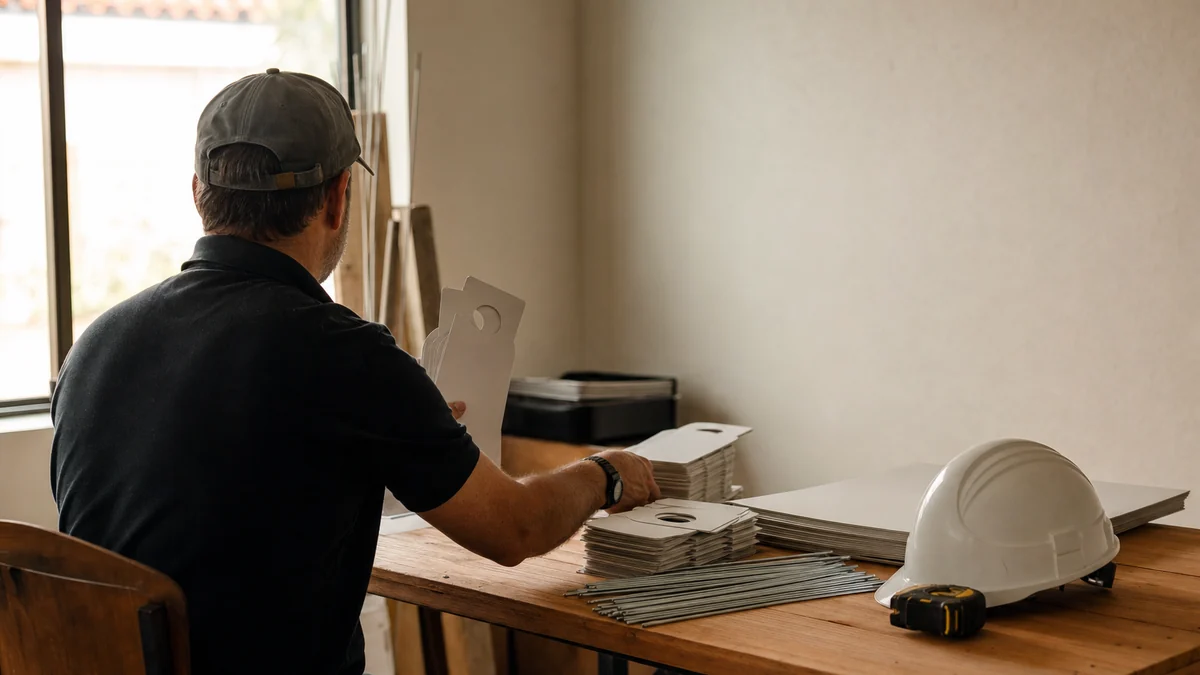 Roofing owner sorting old door hangers and yard sign stakes in a small shop office