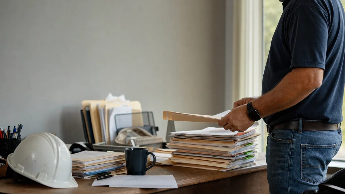 Roofing company owner sorting a stack of paper estimate folders at his office desk