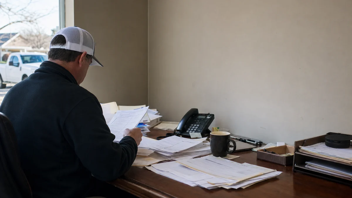 Roofing company owner sorting a stack of paper estimates at his office desk in the slow season