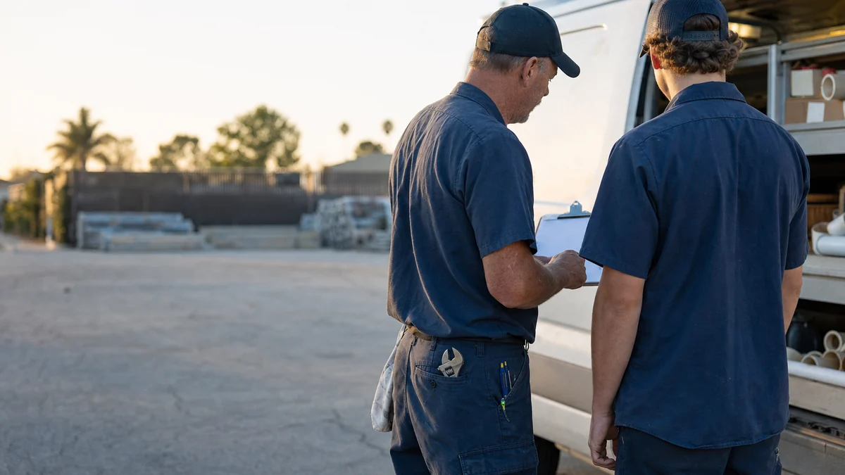 Senior plumber training a newer tech beside a service van before the day's calls