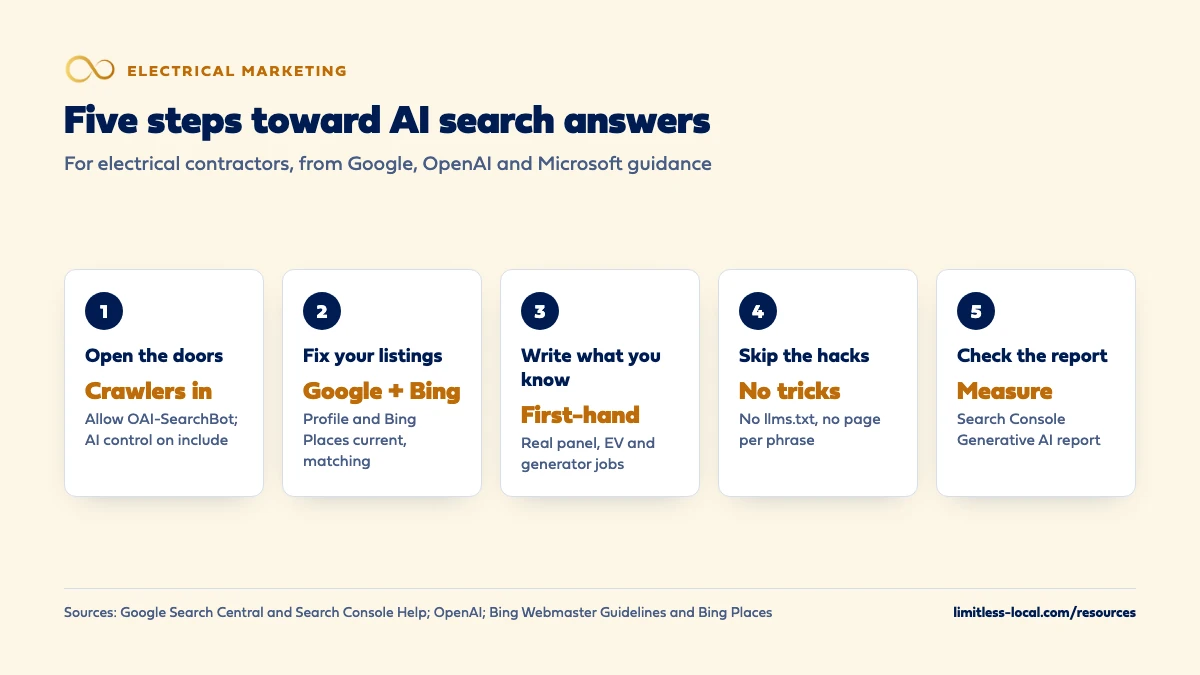 Five steps for an electrical business to show up in AI search answers: let crawlers in and keep Google's AI control on include, keep Google and Bing listings current and matching, write first-hand pages about real panel, EV charger and generator jobs, skip llms.txt and page-per-phrase tricks, and check the Search Console Generative AI report