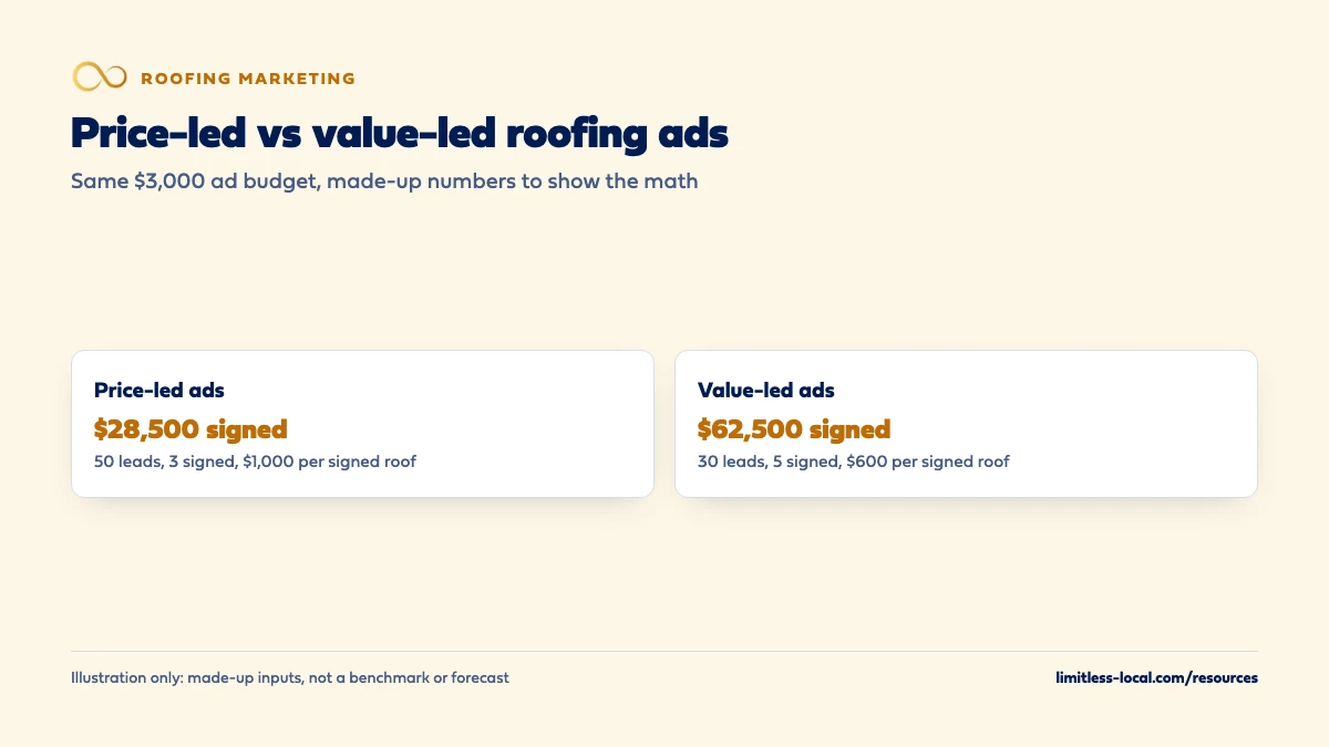Comparison of made-up price-led and value-led roofing ads on the same 3,000 dollar budget: price-led ads bring 50 leads, 3 signed roofs and 28,500 dollars in signed work at 1,000 dollars per signed roof; value-led ads bring 30 leads, 5 signed roofs and 62,500 dollars at 600 dollars per signed roof