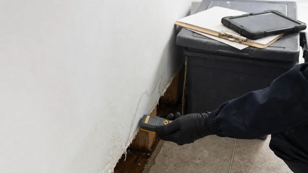Restoration technician checking a wall with a moisture meter to document water damage