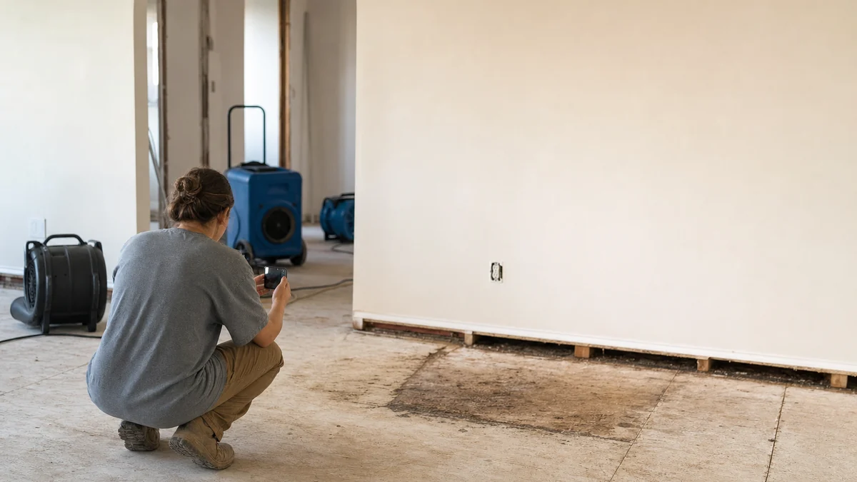 Restoration technician photographing a dried subfloor to document the job