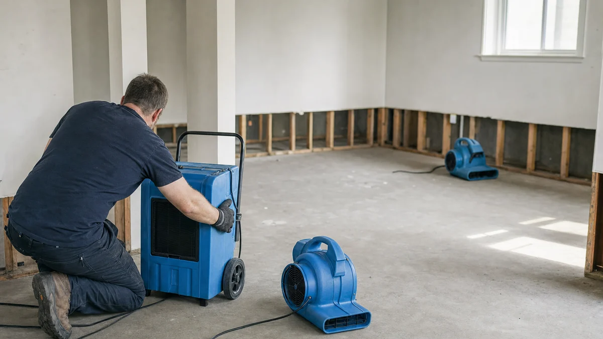 Restoration technician setting up a dehumidifier and air movers in an emptied basement